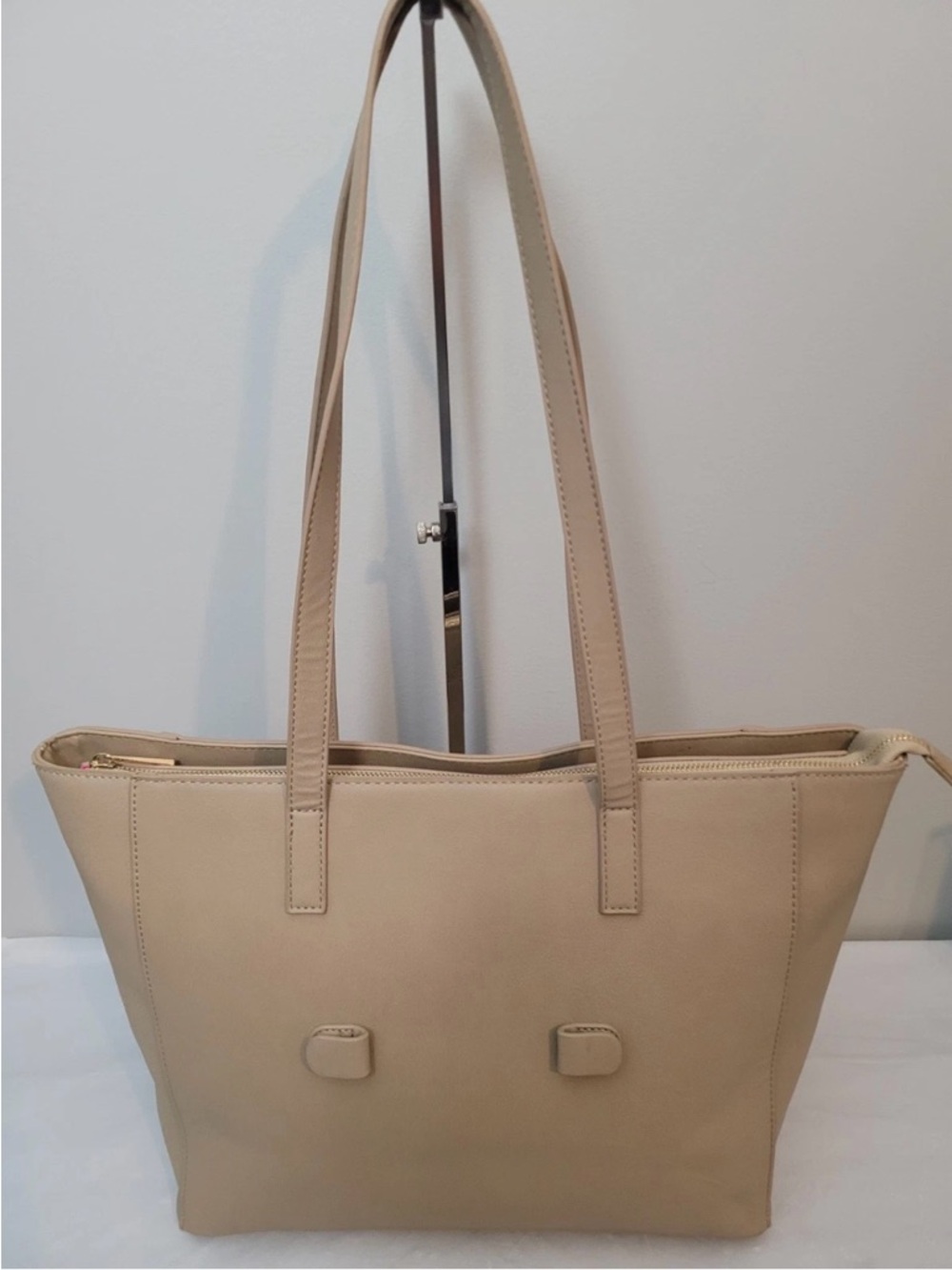 Grateful Taupe Tote Bag Faux Leather Front Zip Pocket Large - Picture 3 of 16